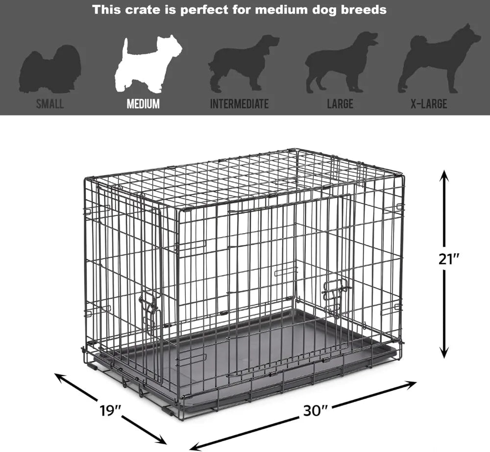 Door Folding Metal 30-Inch Dog Crate, Enhanced Security, Includes Leak-Proof Pan & Divider Pane