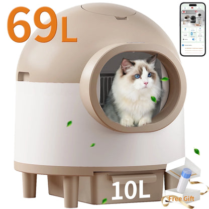 Litter Box,Self Cleaning Cat Litter Box , Smart Automatic Litter Box with Wifi APP Control, 69L Large Capacity with Extra Thick Waste Bags, Brown