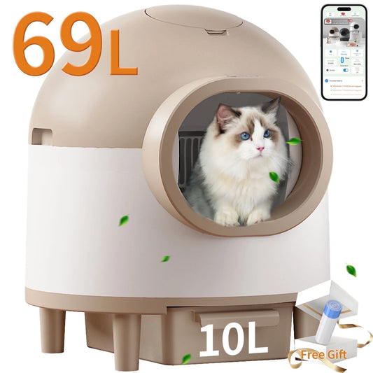 Litter Box,Self Cleaning Cat Litter Box , Smart Automatic Litter Box with Wifi APP Control, 69L Large Capacity with Extra Thick Waste Bags, Brown