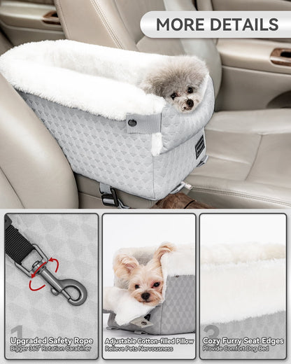 Dog Car Seats for Small Dogs,Washable Cushion, Small Dog Car Seat with Upgraded Safety Tethers, Center Console Dog Car Seat (Light Grey)