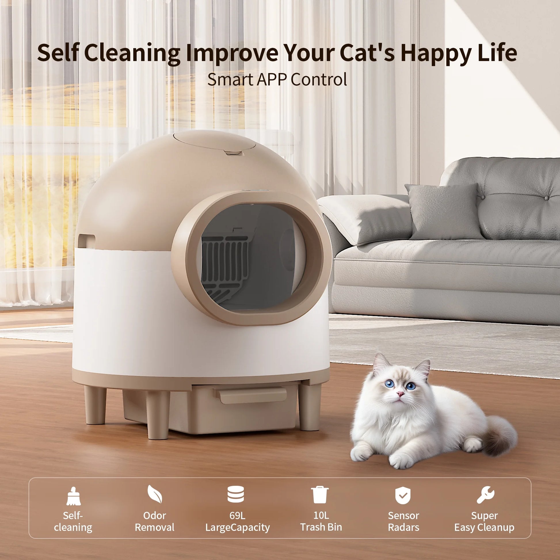Litter Box,Self Cleaning Cat Litter Box , Smart Automatic Litter Box with Wifi APP Control, 69L Large Capacity with Extra Thick Waste Bags, Brown