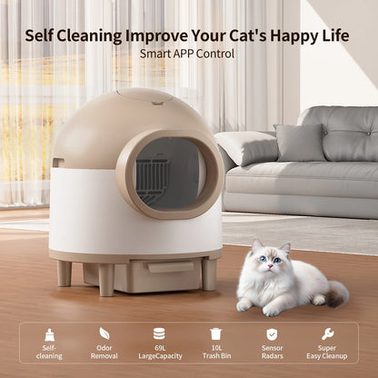 Litter Box,Self Cleaning Cat Litter Box , Smart Automatic Litter Box with Wifi APP Control, 69L Large Capacity with Extra Thick Waste Bags, Brown
