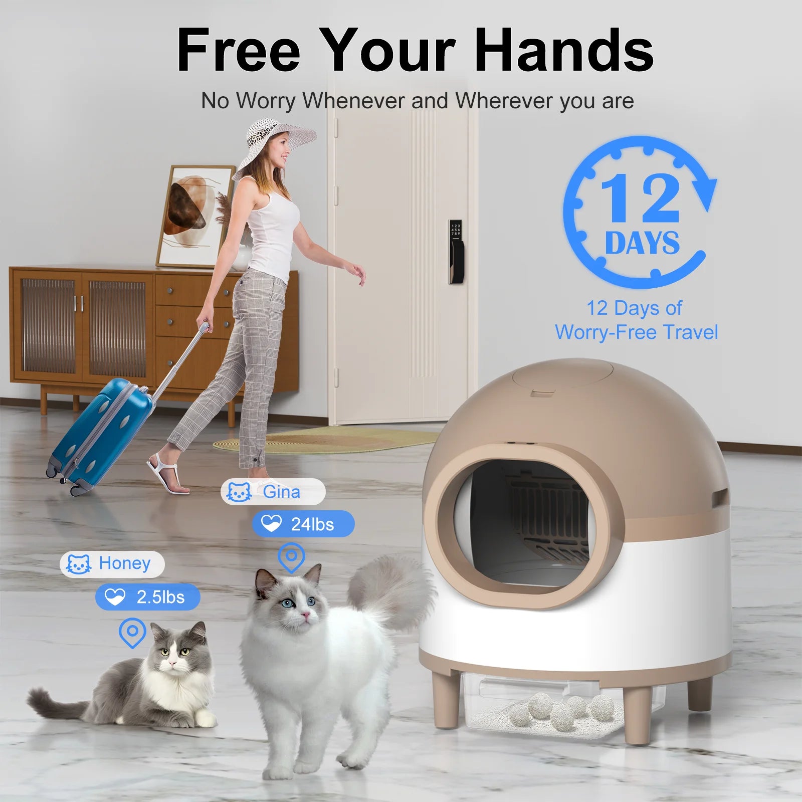 Litter Box,Self Cleaning Cat Litter Box , Smart Automatic Litter Box with Wifi APP Control, 69L Large Capacity with Extra Thick Waste Bags, Brown
