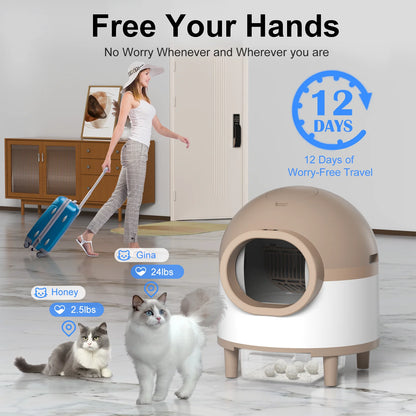 Litter Box,Self Cleaning Cat Litter Box , Smart Automatic Litter Box with Wifi APP Control, 69L Large Capacity with Extra Thick Waste Bags, Brown