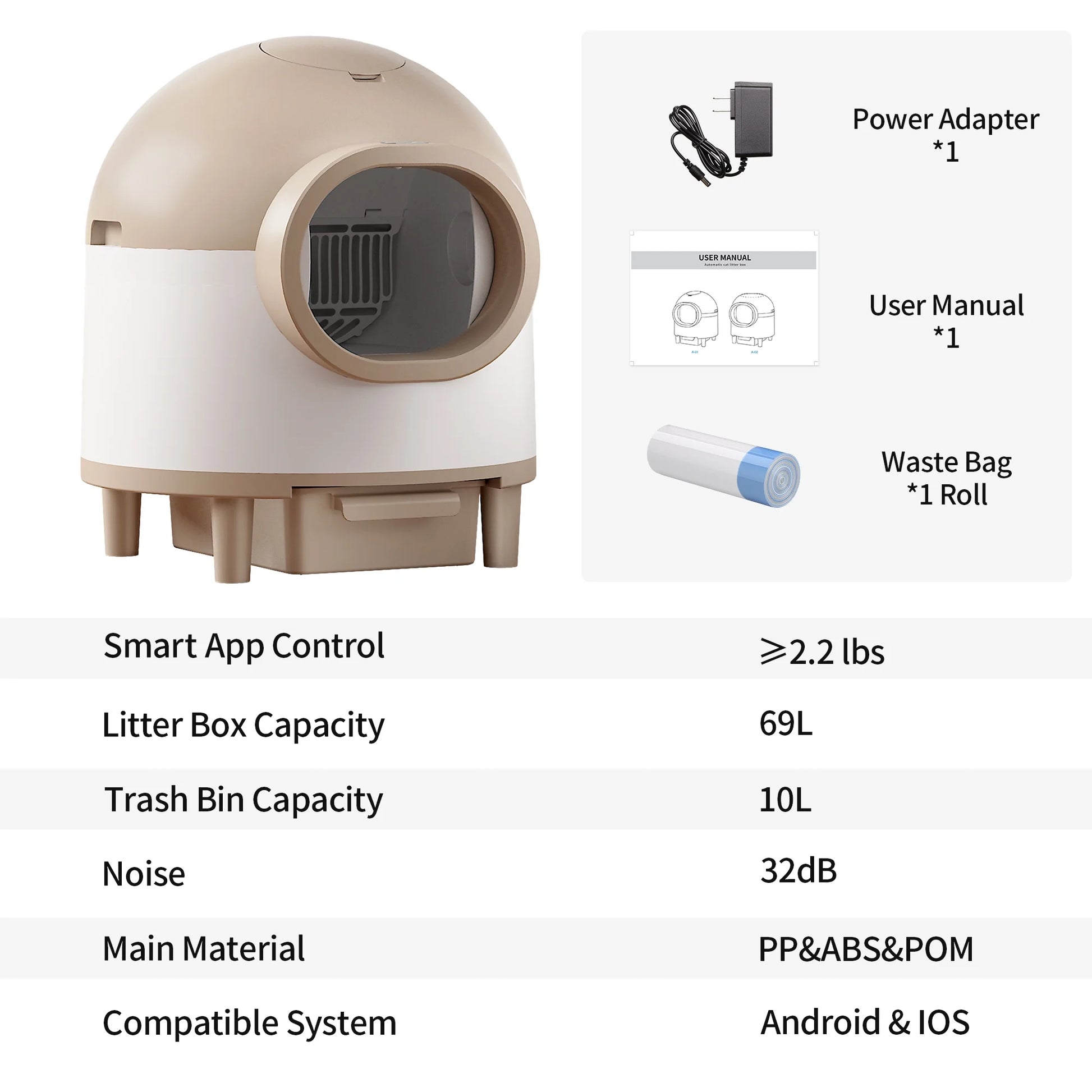 Litter Box,Self Cleaning Cat Litter Box , Smart Automatic Litter Box with Wifi APP Control, 69L Large Capacity with Extra Thick Waste Bags, Brown