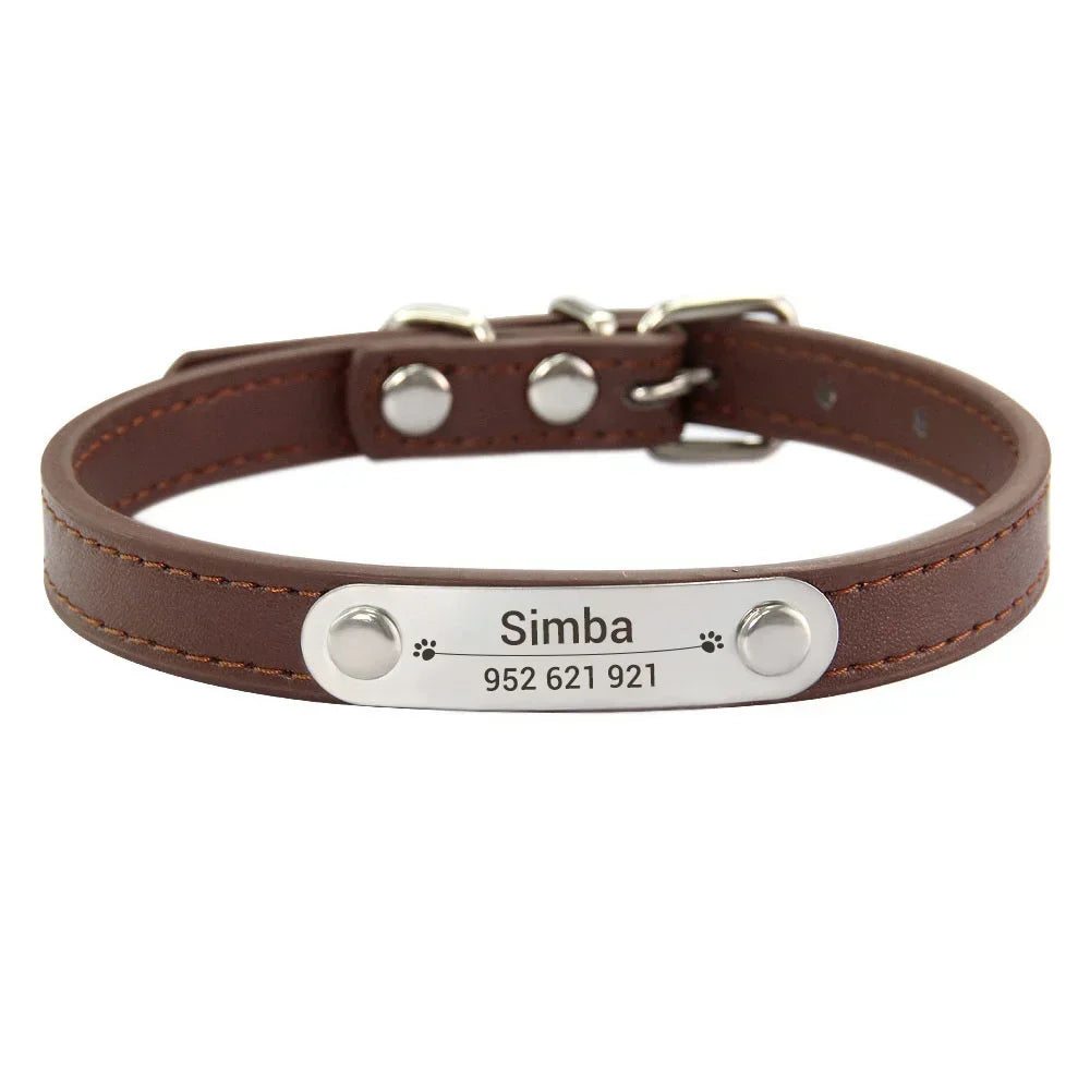 Personalized Dog Collar Name Carved ID Anti-lost Solid PU Leather Collar For Small Medium Large Dogs
