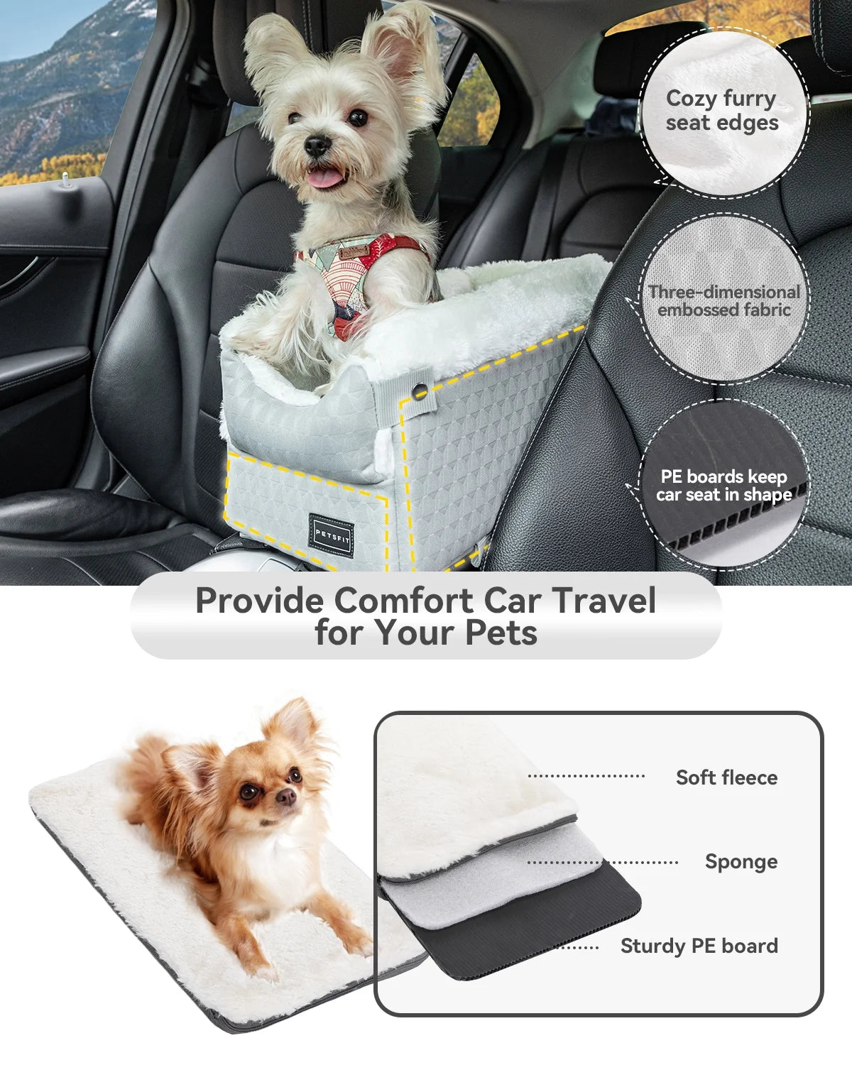 Dog Car Seats for Small Dogs,Washable Cushion, Small Dog Car Seat with Upgraded Safety Tethers, Center Console Dog Car Seat (Light Grey)